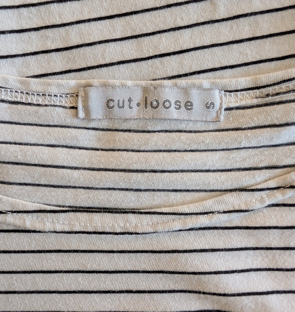 Cut Loose Vertical And Horizontal Black And White Stripe Boatneck 3/4 Sleeve Tee - Picture 7 of 9